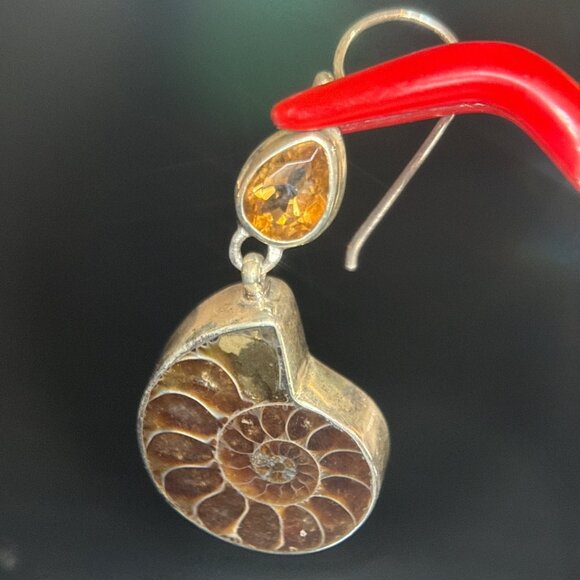 925 Silver Coiled Shell Citrine Dangle Earrings - Picture 3 of 6